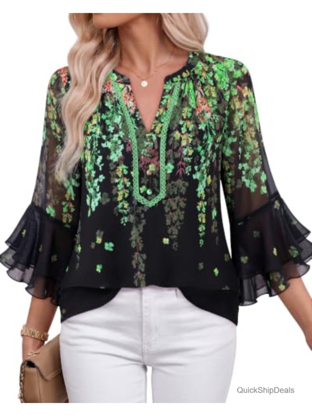 Womens Embroidered Henley V Neck Ruffle Sleeve Chiffon Blouse